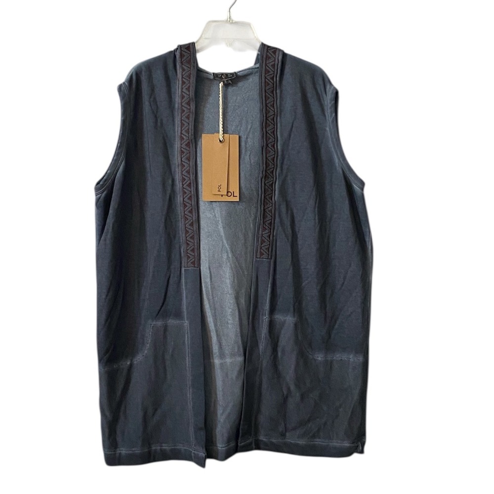 POL Womens Sleeveless Hooded Boho Cardigan Vest Blue Geometric Trim‎ Size Sm